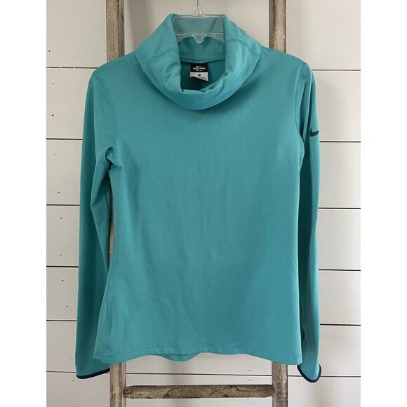 Nike Pro Dri-Fit Turtleneck Fleece Lined Teal Activewear Top Thumbholes Thick M - Picture 1 of 8